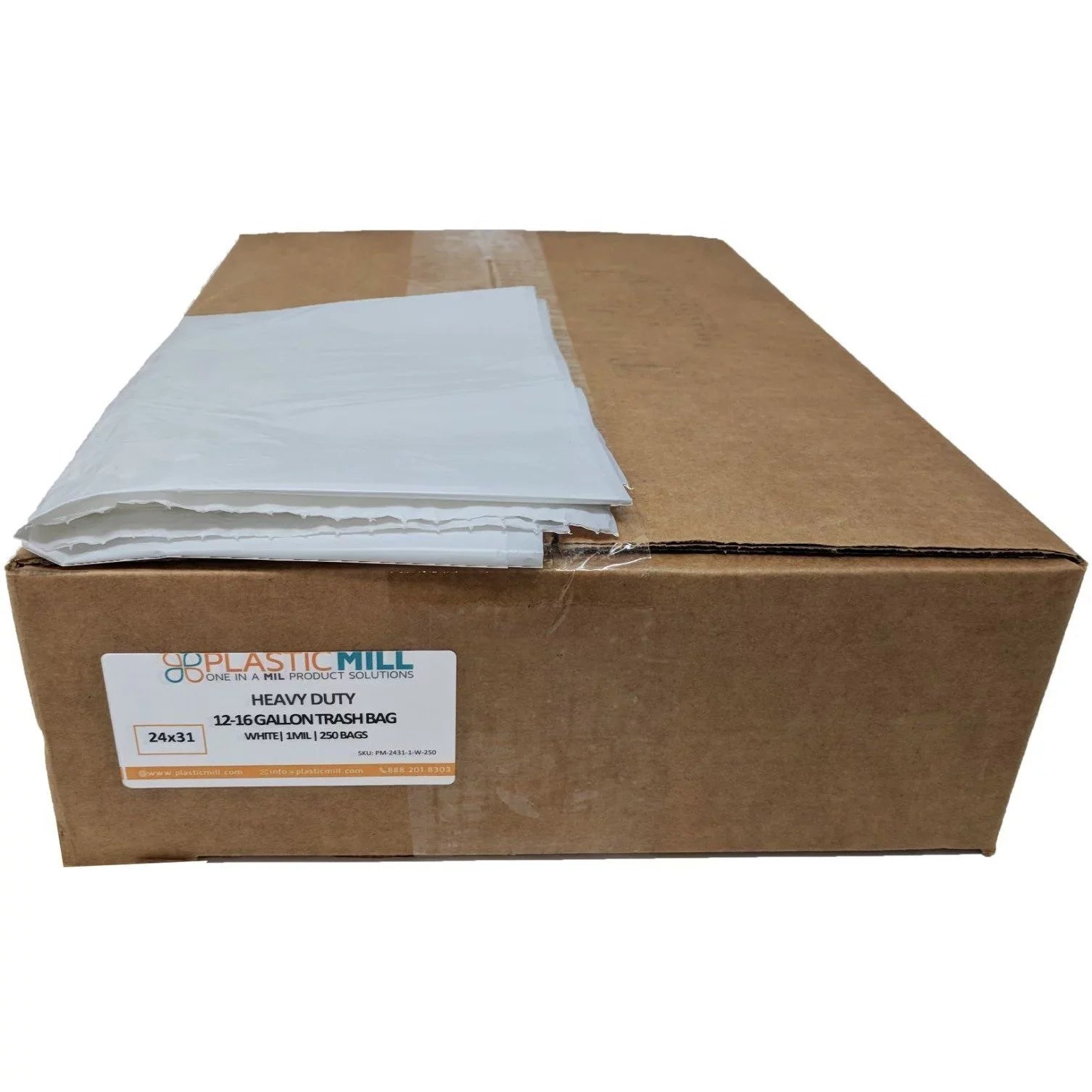 PlasticMill 12-16 Gallon, White, 1 , 24x31, 250/Case, Garbage Bags/ Trash Can Liners.