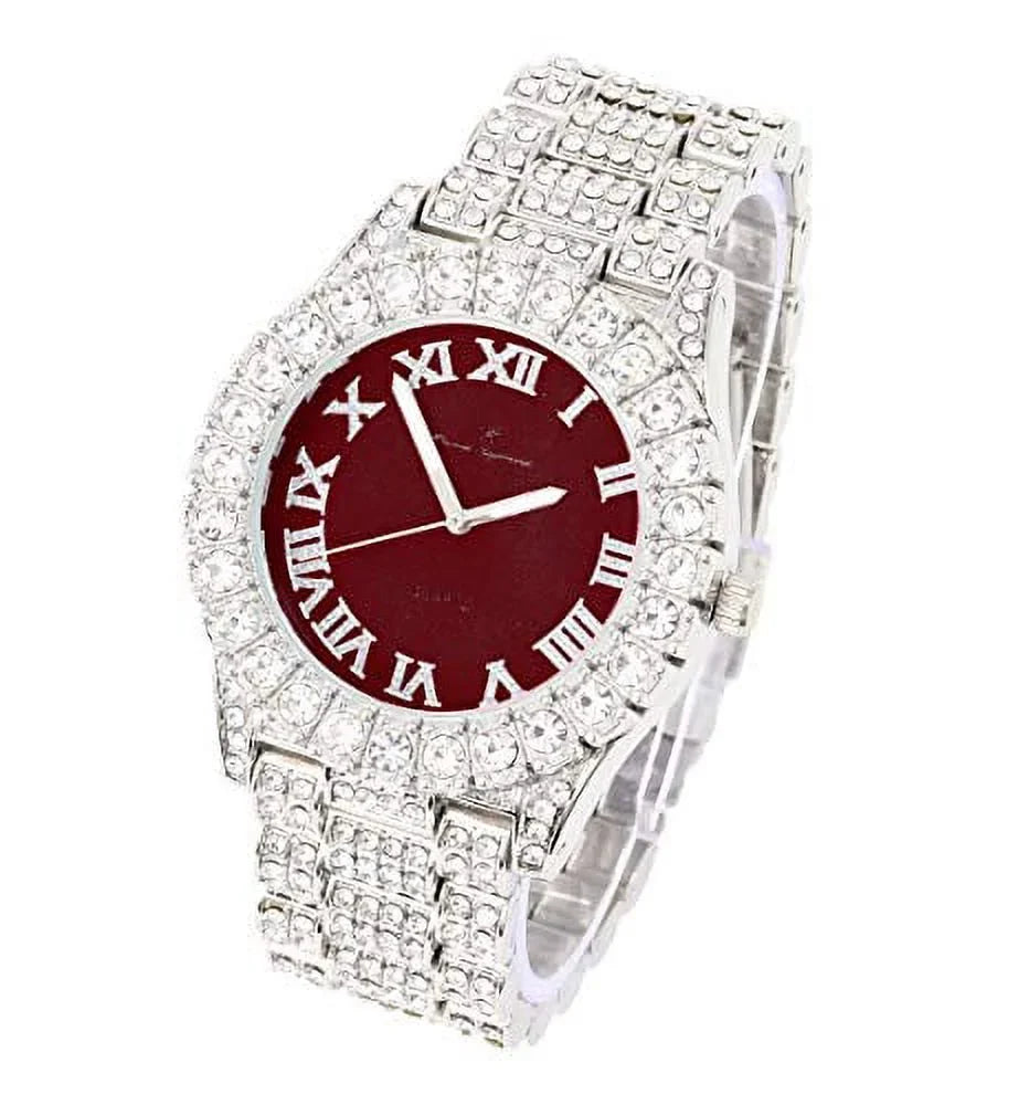 Women's Big Rocks Bezel Colored Dial with Roman Numerals Fully Iced Out Watch -  (Silver - Burgundy)