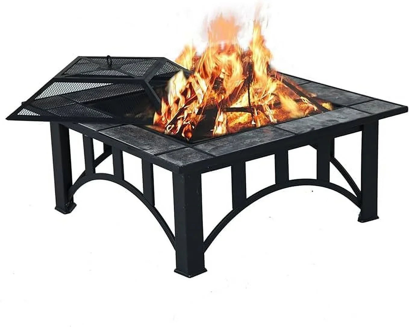 Grand Patio Fire Pits for Outside 35'' Wood Burning Square Marble Tile Tabletop Fire Tables for Patio Bonfire,Camping,Outdoor Heating, with Spark Screen and Poker