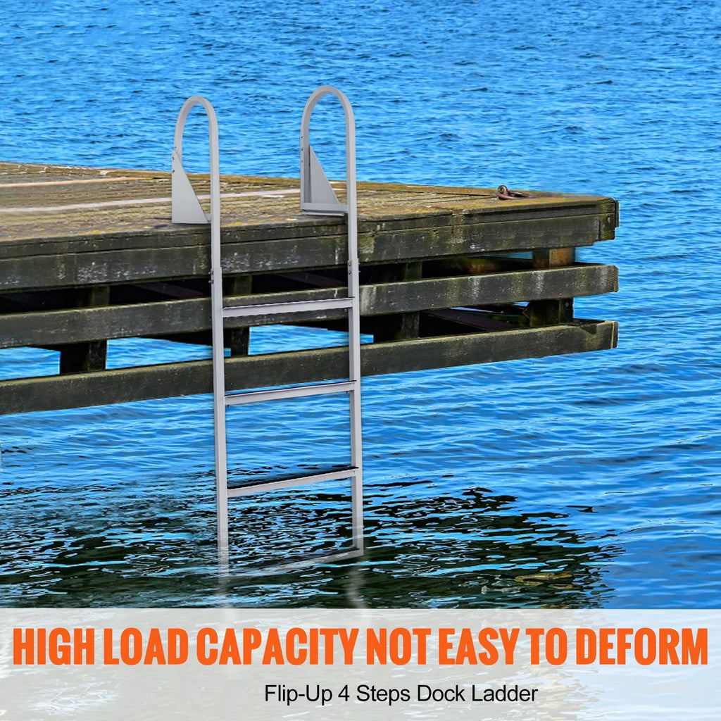 Dock Ladder, Flip-Up 4-Step Aluminum Alloy Pontoon Boat Ladder for Ship, Lake, Pool
