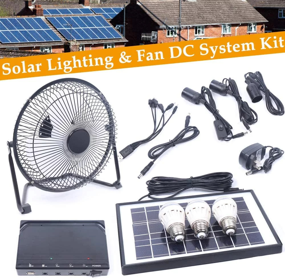 Portable Solar Powered Panel+Fan+3x1W 12V Bulbs 8 inch Solar Powered Fan, with Adapter for Ventilation Caravan Camping Home Office Outdoor Traveling Fishing