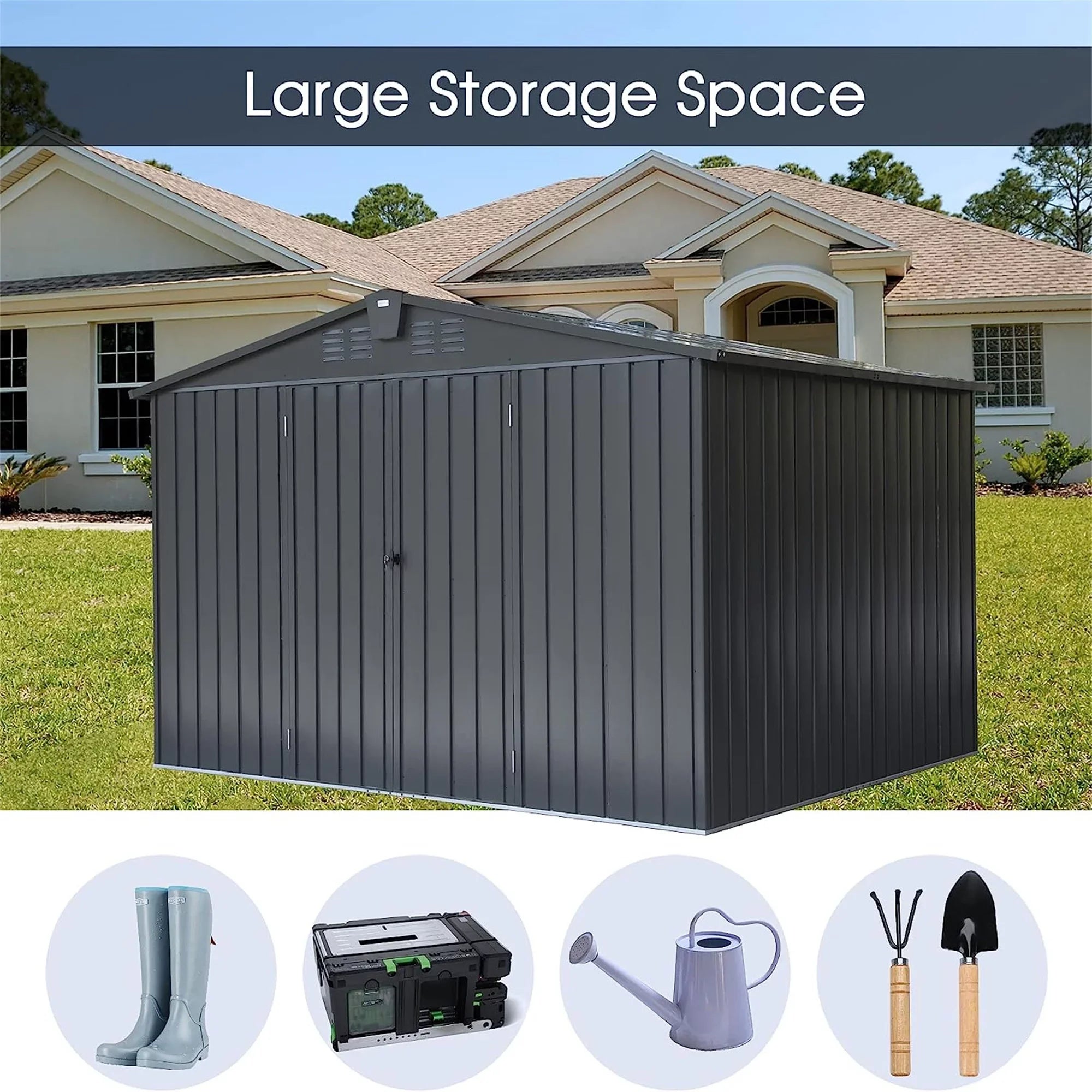 Capri Outdoor Storage Shed 10'x 8', Metal Garden Shed for Bike, Trash Can, Tools, Galvanized Steel Outdoor Storage Cabinet with Lockable Door for Backyard, Patio, Lawn, Black