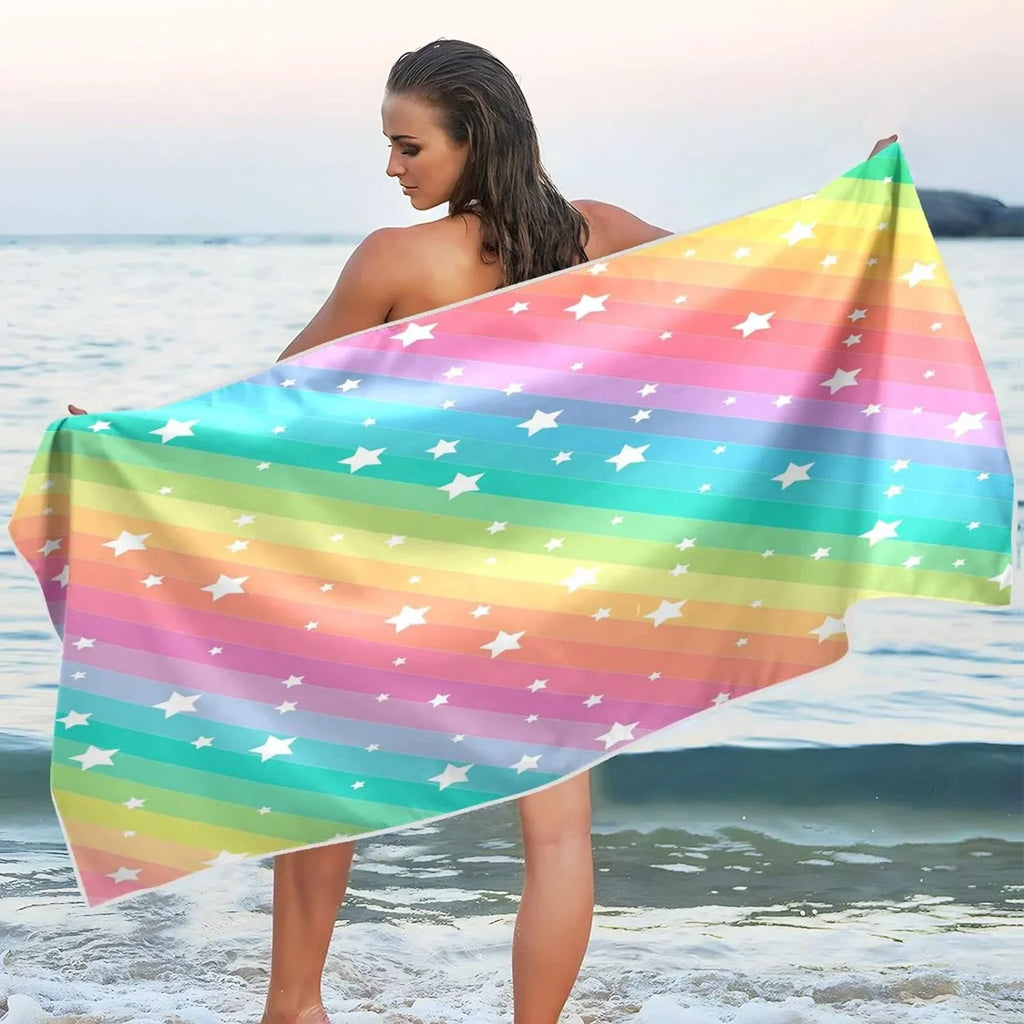 Bestwell Rainbow Star Beach Towel Oversized Towel Blanket, Thin Lightweight Microfiber Sand Free Quick Dry Towel, 30”” Multipurpose Pool Bath Yoga Swim Shower Towel