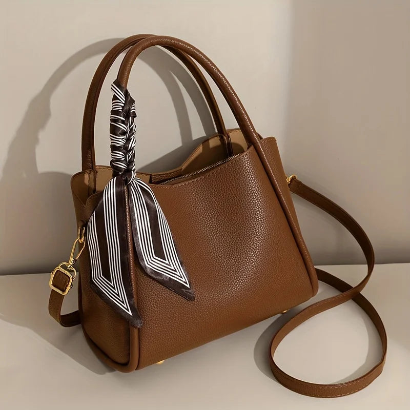moocr Handbag With Scarf Accent   Leather  Elegant Shoulder Bag With Dual Handles For Daily Use  Luxury Solid Color Crossbody Purse
