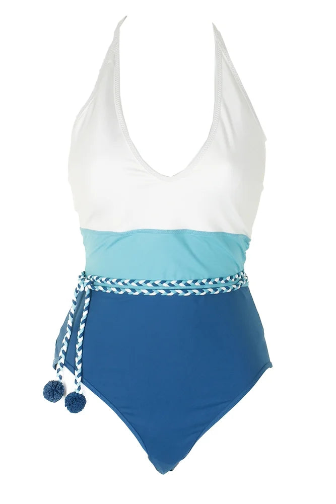 Vince Camuto White Blue Colorblocked Halter One-Piece Swimsuit 10