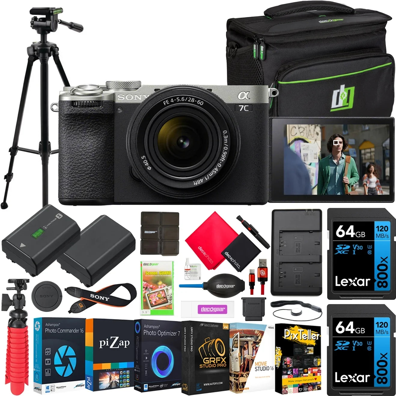 Sony a7C  Full Frame Mirrorless Camera Body with 28-60mm -5.6 Lens Silver -7CM2L/ Bundle with Deco Gear Photography Bag Case + Extra Battery + Charger + Tripod + Software Kit & Accessories