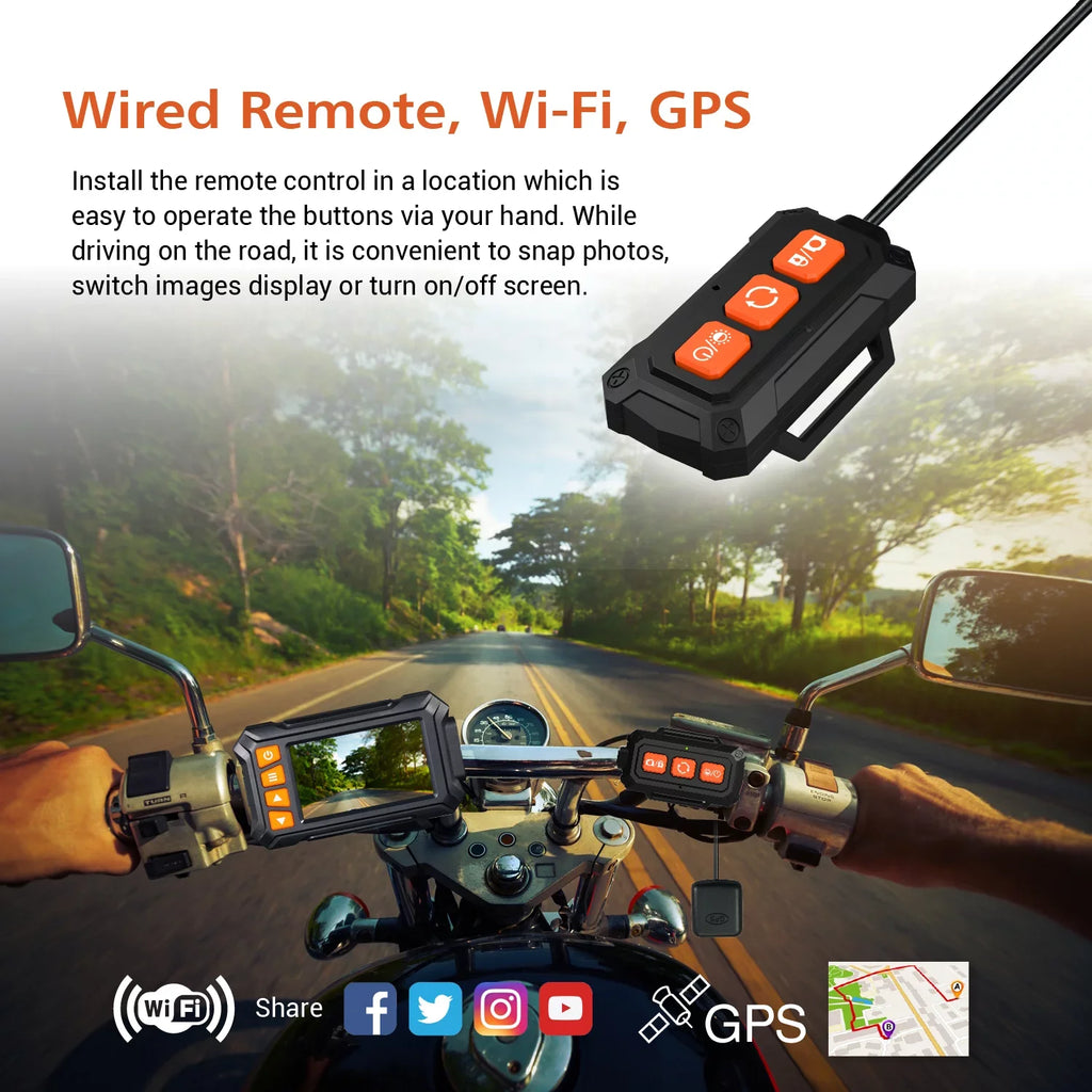 Dual 2K 30fps/1080P 60fps Motorcycle Camera, All Waterproof Dash Cam 3''  Front and Rear 150° Wide Angle with Wired Remote, Wi-Fi, ,  and Race Mode, Max up to 256GB