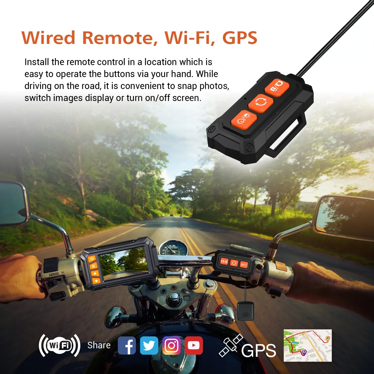 Dual 2K 30fps/1080P 60fps Motorcycle Camera, All Waterproof Dash Cam 3''  Front and Rear 150° Wide Angle with Wired Remote, Wi-Fi, ,  and Race Mode, Max up to 256GB