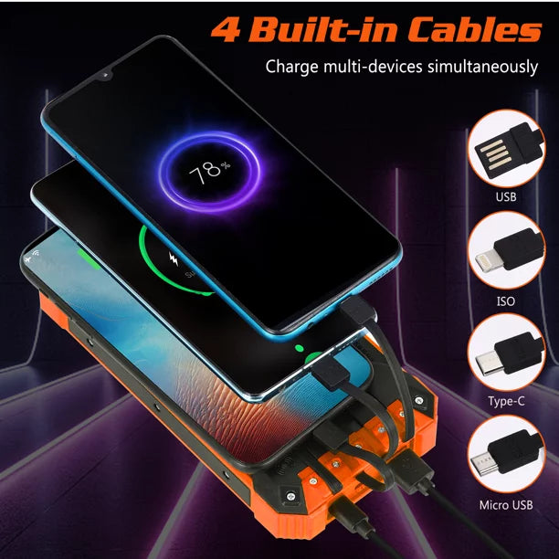 Solar Power Bank 20000mAh Built-in 4 Cables Qi Wireless Charger For   Mega with  Flashlight Solar Portable External Battery  Waterproof 15W 5V/3A   Port 6 Outputs 3 Inputs