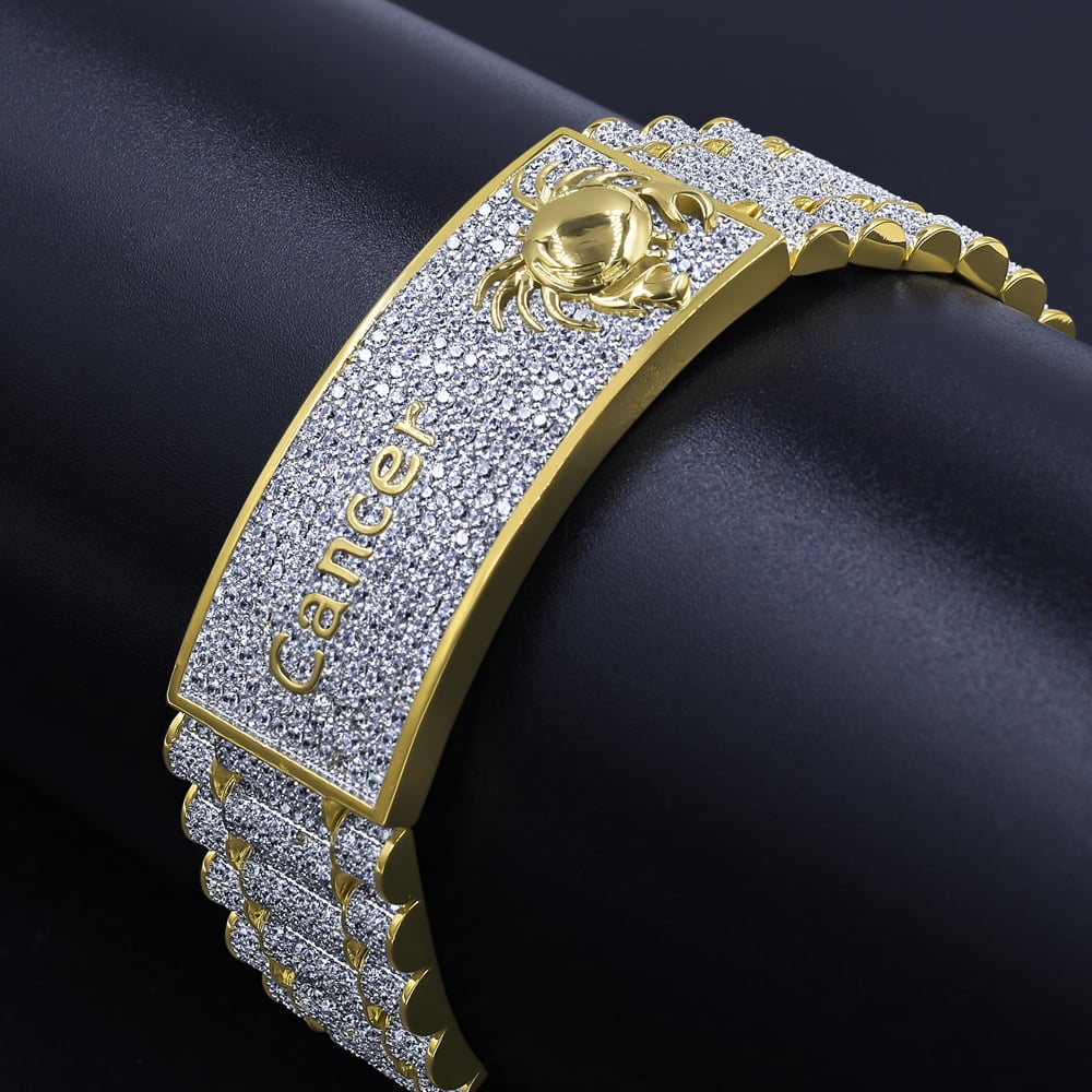 Mens Zodiac Sign Astrology Horoscope Cancer Crab 14K Gold Finish Simulated Diamond Bracelet 8.5''
