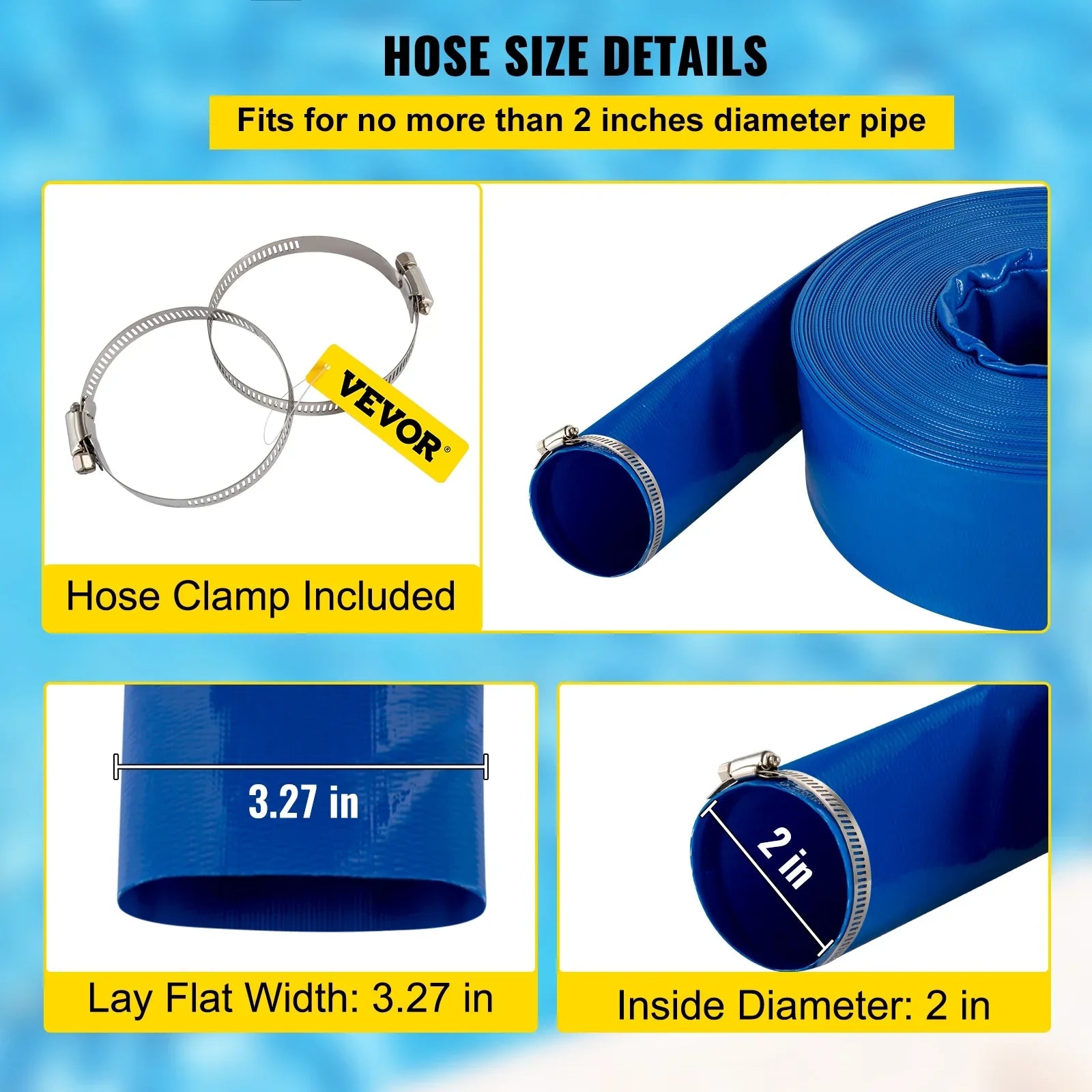 Discharge Hose, 2" x 105',  Fabric Lay Flat Hose, Heavy Duty Backwash Drain Hose with Clamps, Weather-proof & Burst-proof, Ideal for Swimming Pool & Water Transfer, Blue