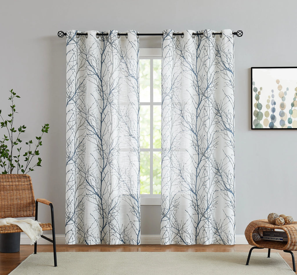 Decoultimatex White Sheer Curtain for Living Room Blue Gray Tree Branches Print Window Curtain Panels Set Linen Textured Semi Sheer Drapes for Bedroom, Grommet, 52"x84"x2