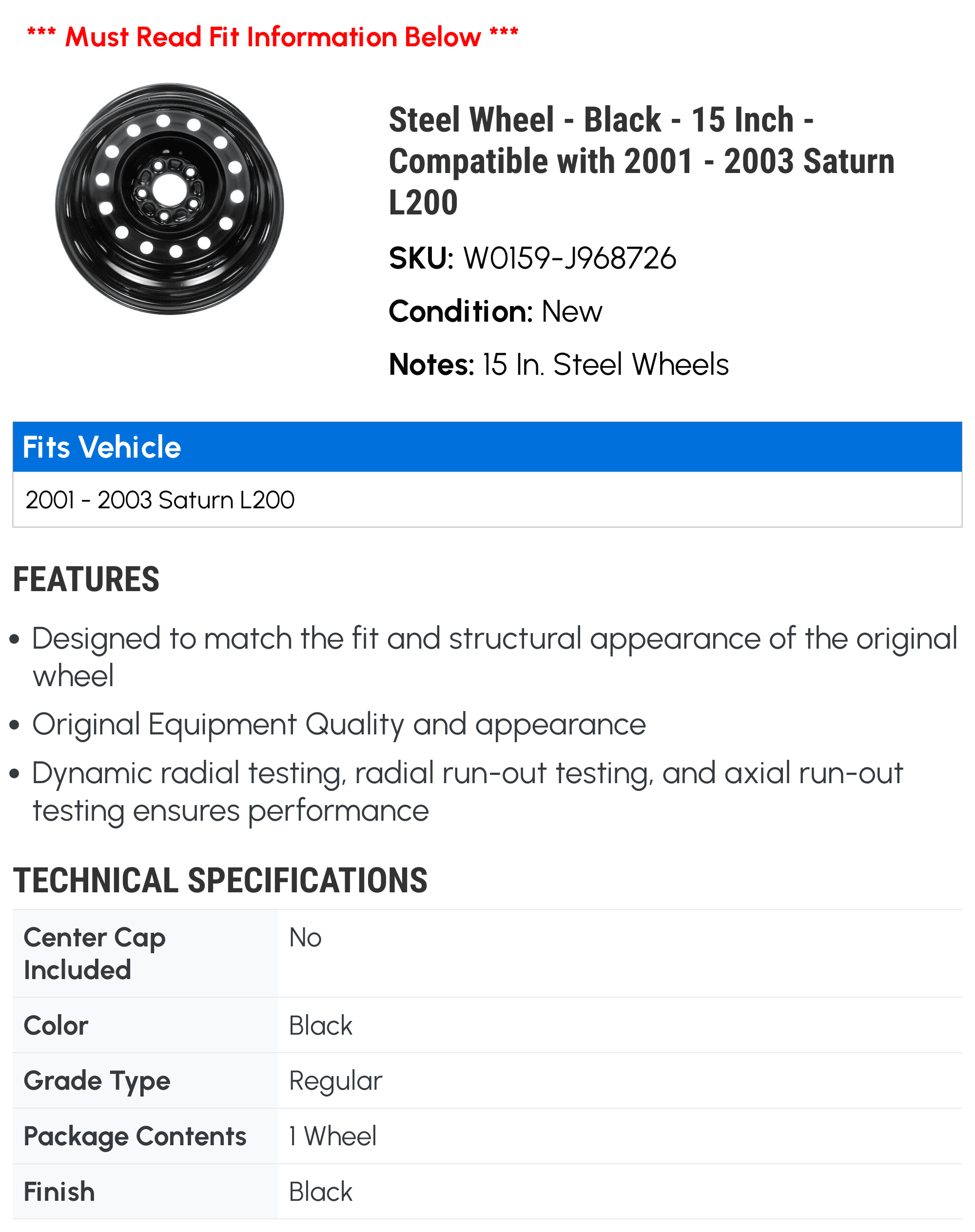 Steel Wheel - Black - 15 Inch - Compatible with 2001 - 2003 Saturn  2002