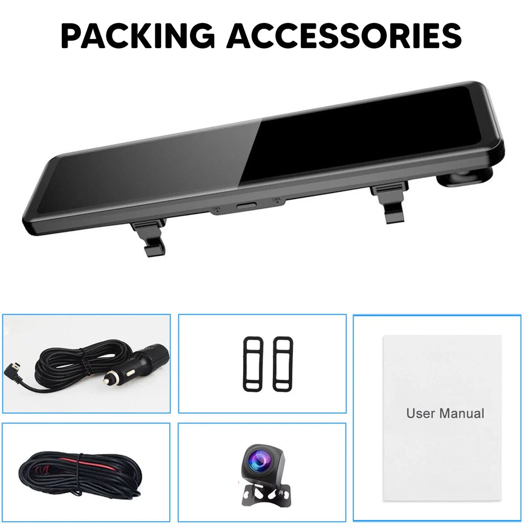 4K 12" Car Dash Cam Touch Screen with Rear View Mirror Camera Waterproof  Video Recorder Night Vision Motion Detection -Sensor