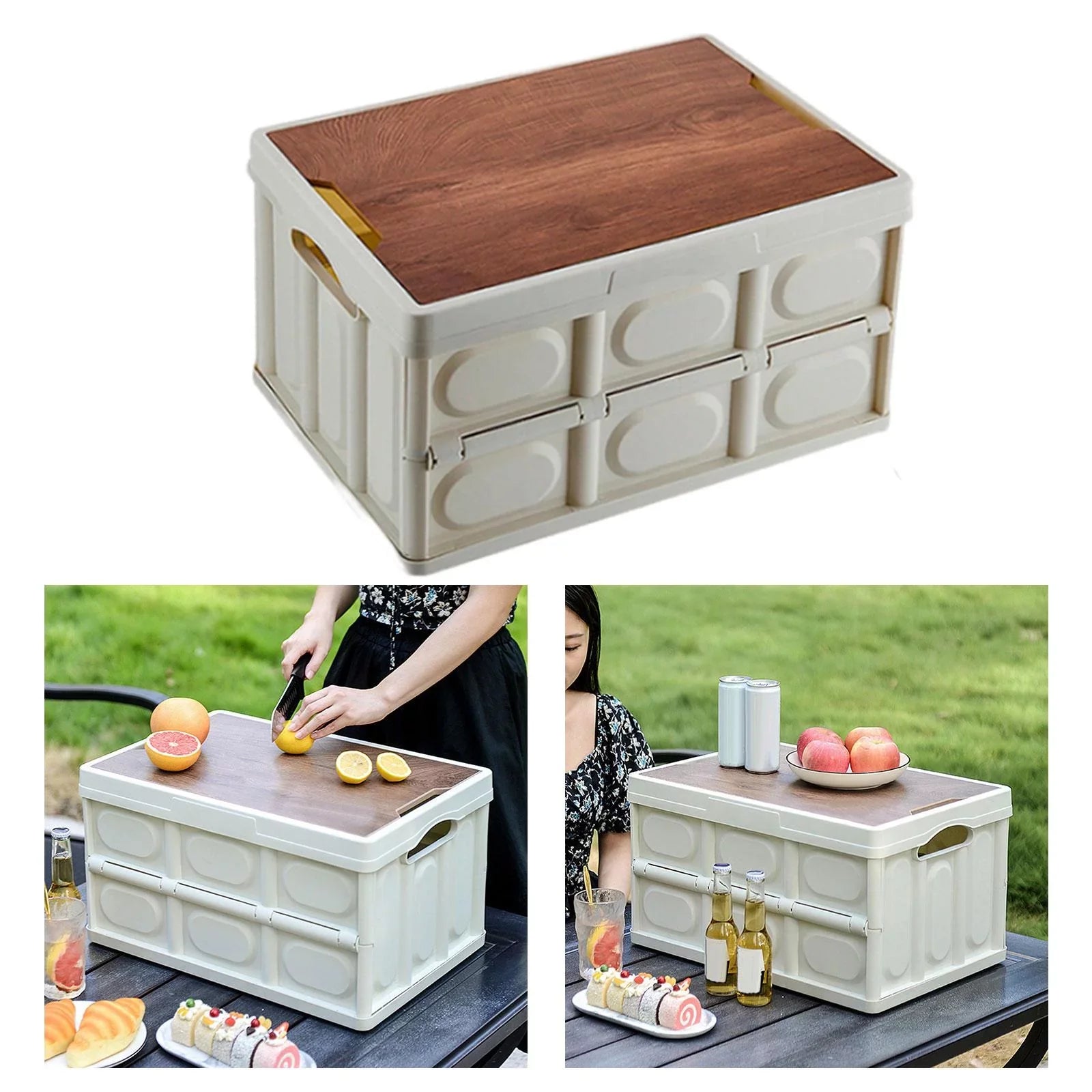 Camping Storage Box Multifunctional Storage Box Closet Organization Collapsible Storage Bins with Wood Lids for Car Trunk, Indoor, Camping Large