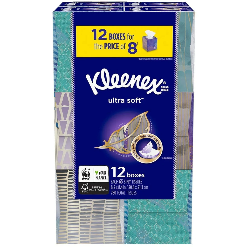 Kleenex Ultra Soft Facial Tissues - Cube Boxes (12 Pack, 65 tissues)