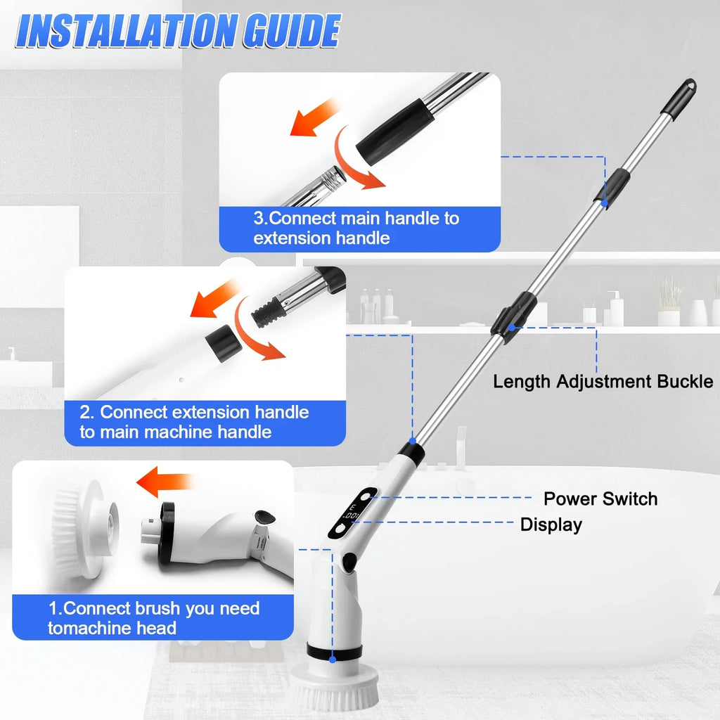 Electric Spin Scrubber,  Cordless Cleaning Brush with 8 Brush Heads,Shower Scrubber with Long Handle Household Cleaning Brushes for Bathroom Tub Tile Kitchen Floor Car
