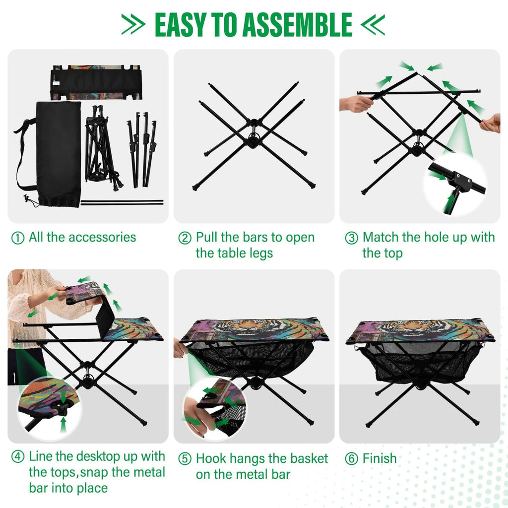 Tiger Abstract Camping Foldable Portable Table Beach Table with Storage Bag Compact Picnic Table for Outdoor Hiking Fishing