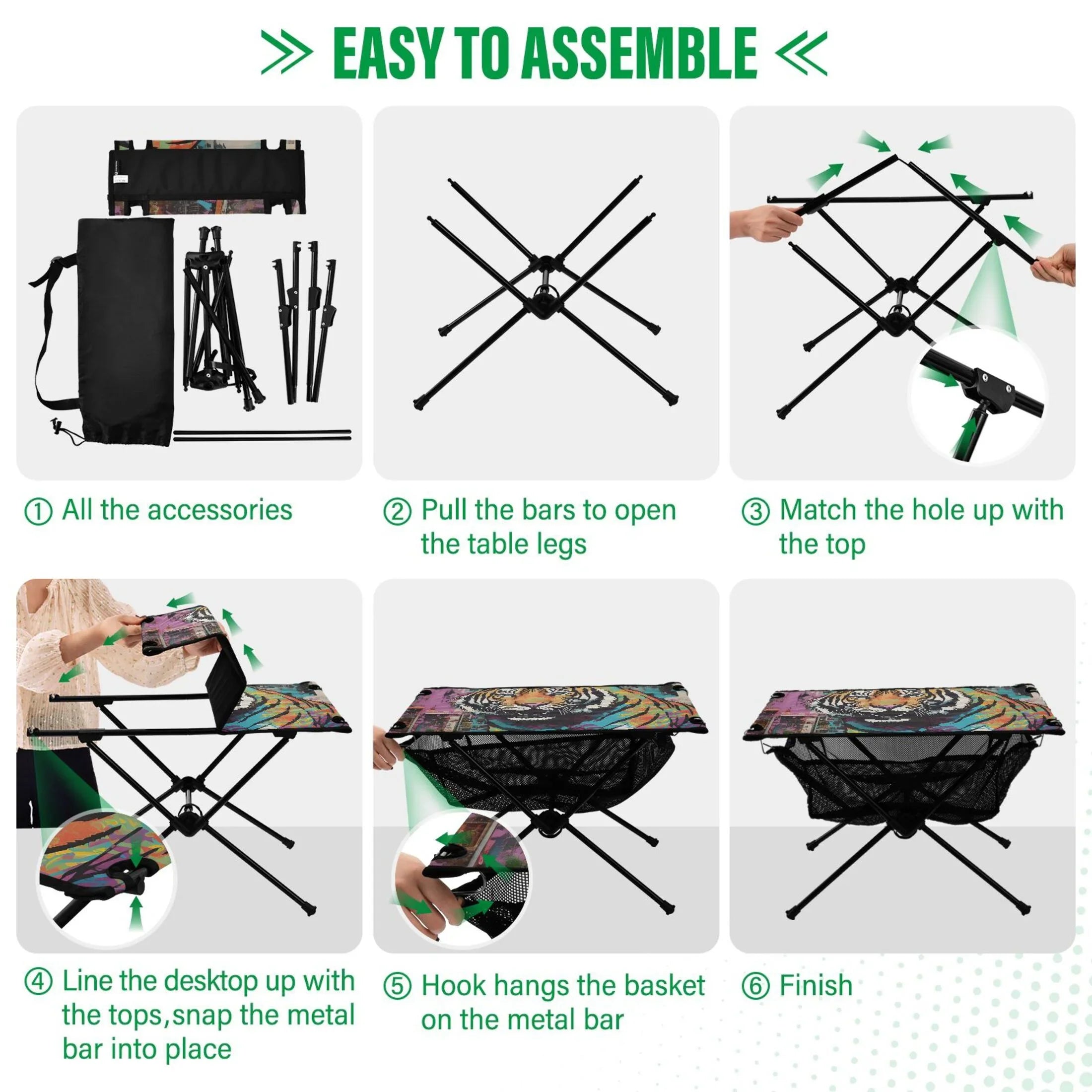 Tiger Abstract Camping Foldable Portable Table Beach Table with Storage Bag Compact Picnic Table for Outdoor Hiking Fishing
