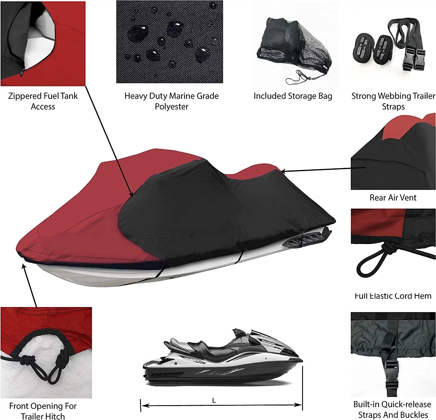 Jetpro Red/Black Jetski Cover Polaris Sea Doo Yamaha Kawasaki Tiger Shark Honda Jet Ski Cover Fits From 136”-145”(3 Seater)…