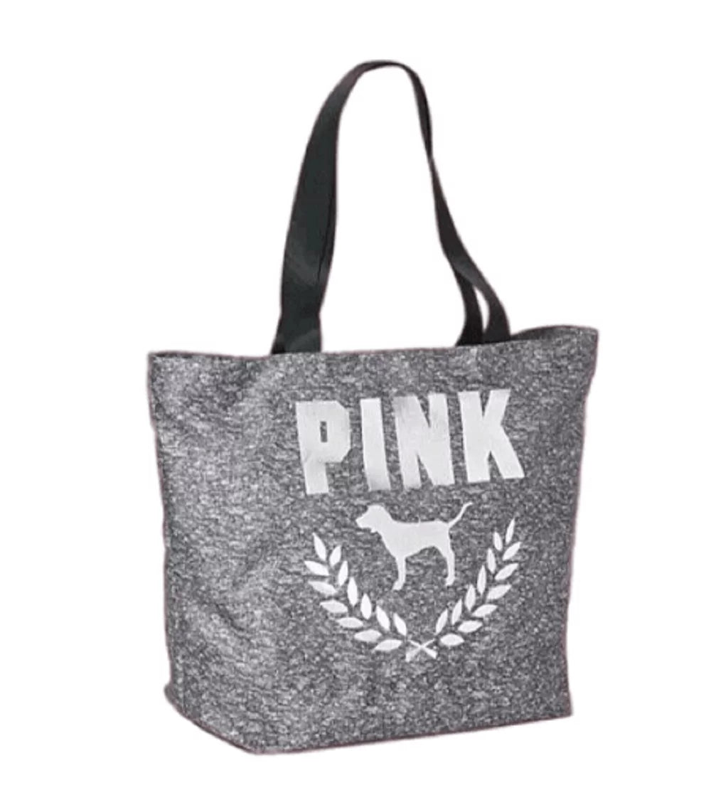 Victoria's Secret Pink Large Weekender Canvas Tote Bag Heathered Gray/Black
