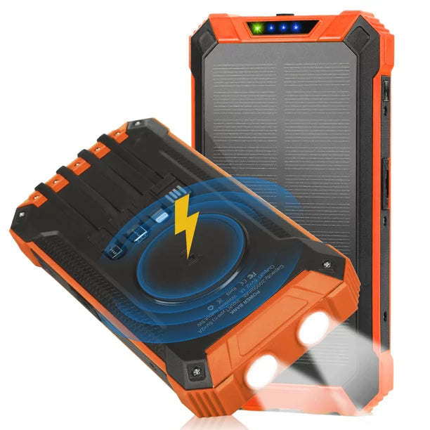 Solar Power Bank 20000mAh Built-in 4 Cables Qi Wireless Charger For   Mega with  Flashlight Solar Portable External Battery  Waterproof 15W 5V/3A   Port 6 Outputs 3 Inputs
