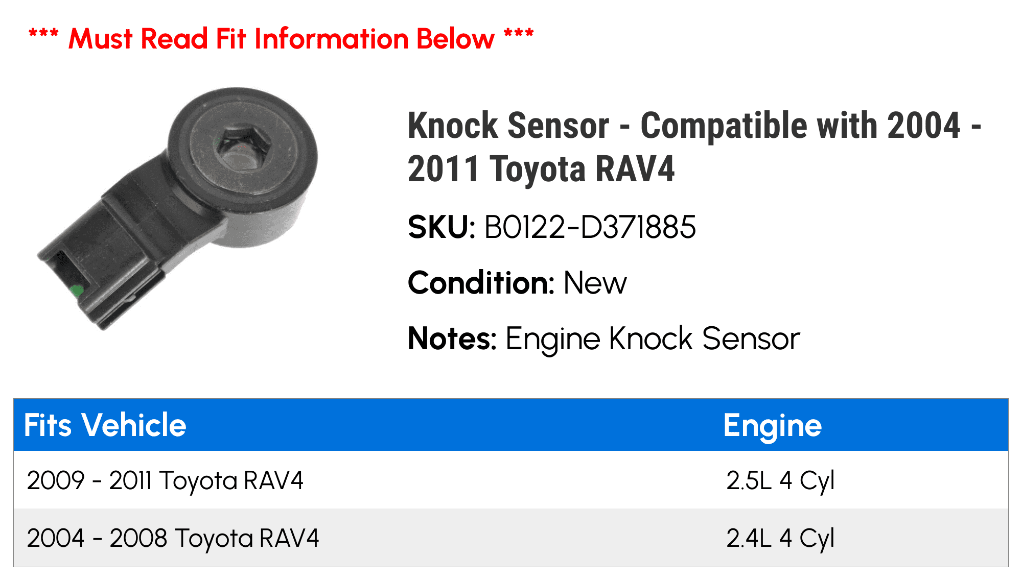 Knock Sensor - Compatible with 2004 - 2011 Toyota  2005 2006 2007 2008 2009 2010