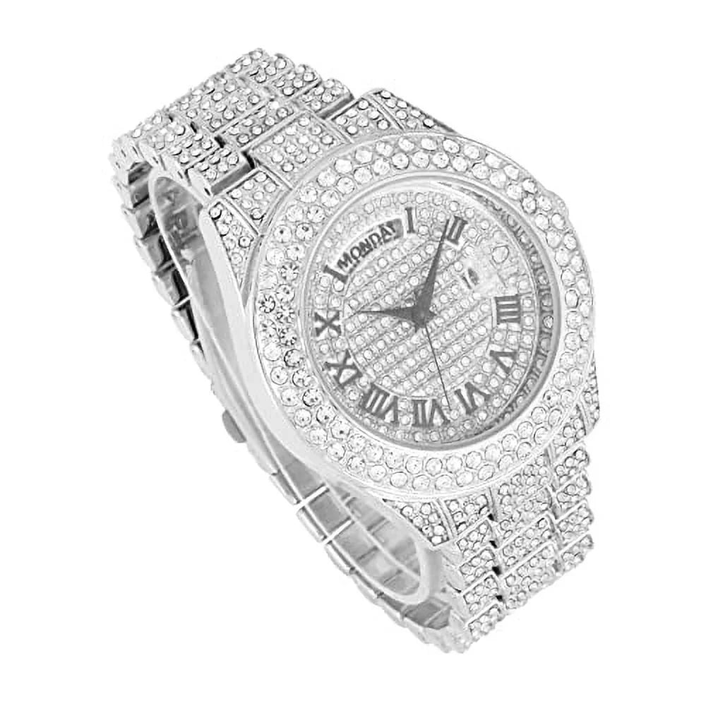Charles Raymond Big Rocks Fully Iced Out Diamond Mens Watch w/Easy Read Date &Day and Colorful Dials- Designer Hip Hop Blinged Out Timepiece -  (- Silver)