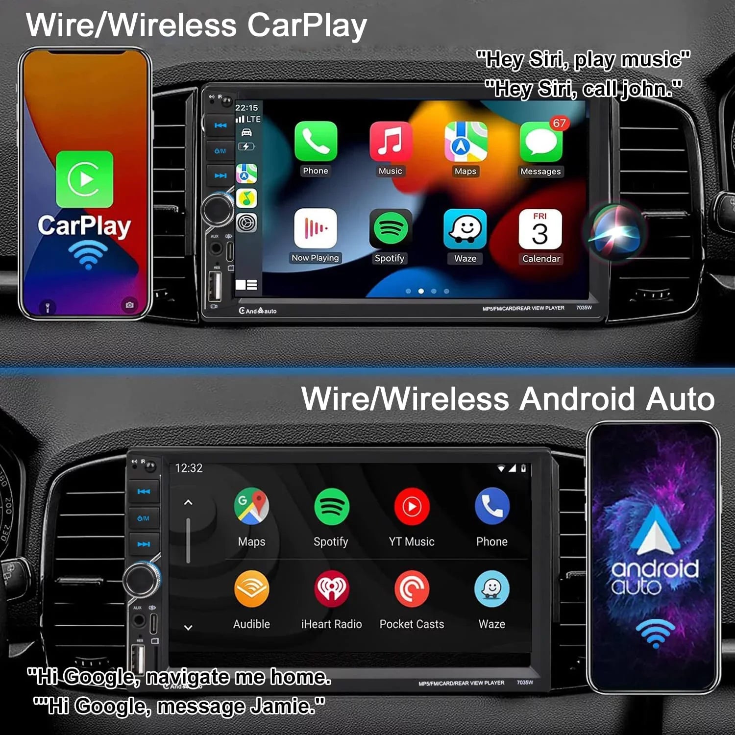 Alondy Double Din Car Stereo,Compatible with Wireless CarPlay/Android Auto,Type- ,7" Touchscreen,Mirror Link,Backup Camera,Bluetooth Voice Control,External Mic     Radio Audio Receiver