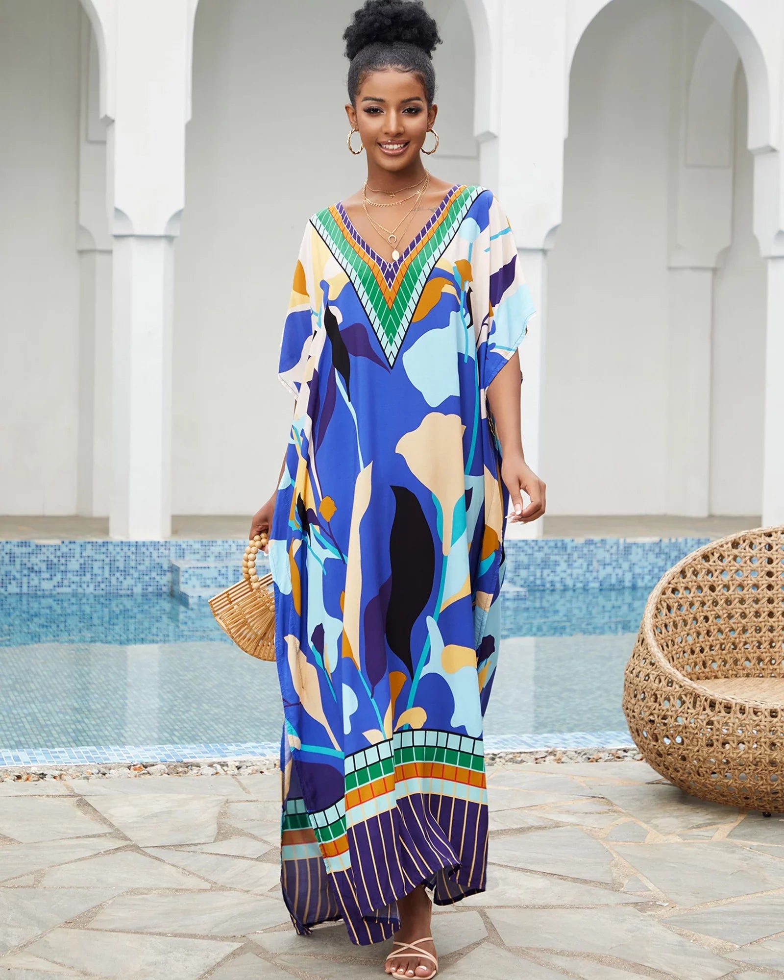 Edolynsa Bohemian Kaftan Dresses Plus Size Swimwear Bikini Cover Up Casual Beachwear Long Tops