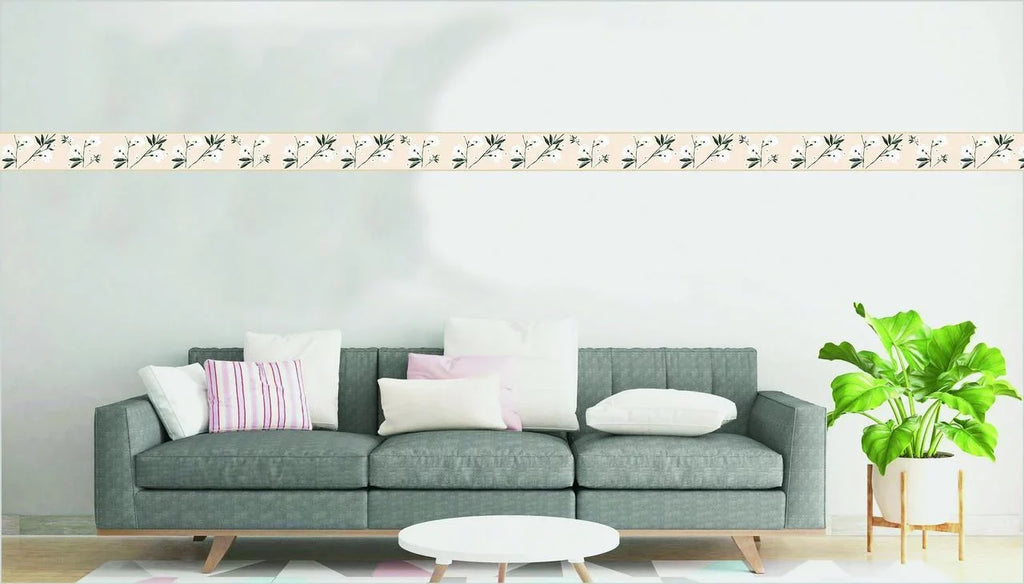 Dundee Deco's Peel and Stick Wallpaper Border - Floral White Cream Flowers and Leaves Wall Border Retro Design, 15 ft x 7 in, Self Adhesive
