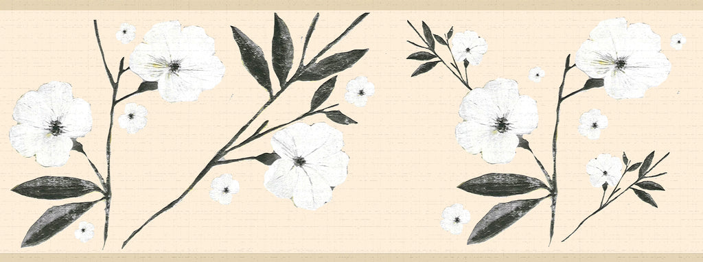 Dundee Deco's Peel and Stick Wallpaper Border - Floral White Cream Flowers and Leaves Wall Border Retro Design, 15 ft x 7 in, Self Adhesive