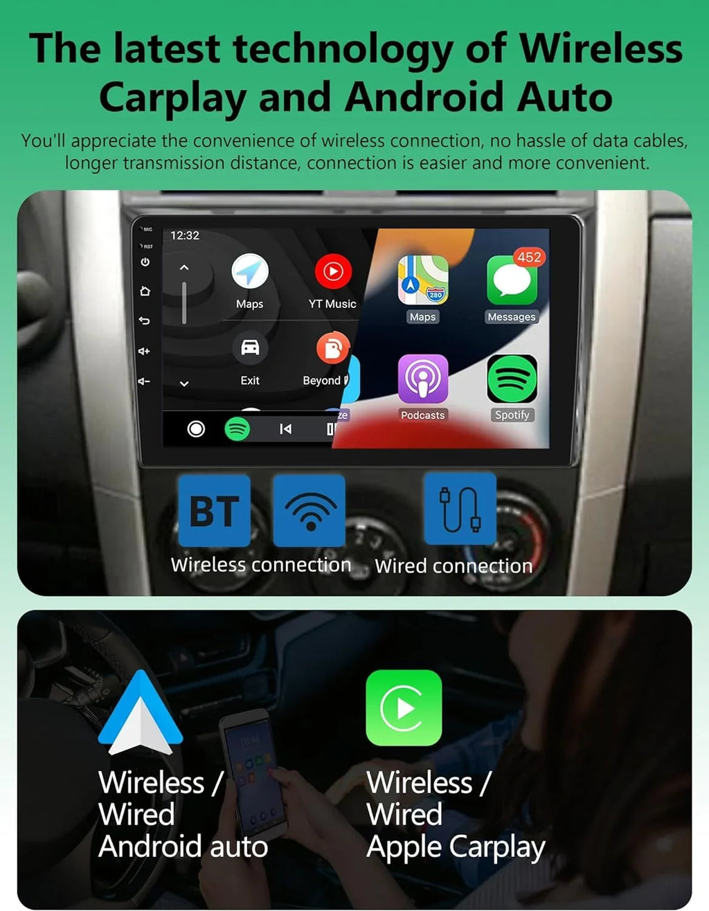 Android Car Stereo for Toyota Corolla 2009 2010 2011 2012 2013 with Wireless Carplay Android Auto,  9” Touch Screen 2G+32G Car Radio with Backup Camera, Navigation,Bluetooth,,WiFi,/