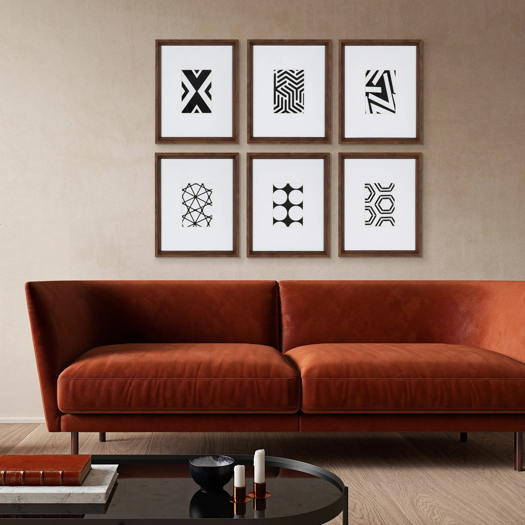 Kate and Laurel Calder Modern Framed Abstract Art Prints, Set of 6, Walnut Brown, Mid-Century Wall Decor for Display