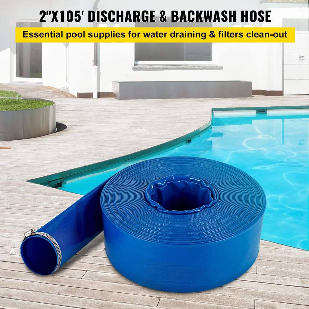 Discharge Hose, 2" x 105',  Fabric Lay Flat Hose, Heavy Duty Backwash Drain Hose with Clamps, Weather-proof & Burst-proof, Ideal for Swimming Pool & Water Transfer, Blue