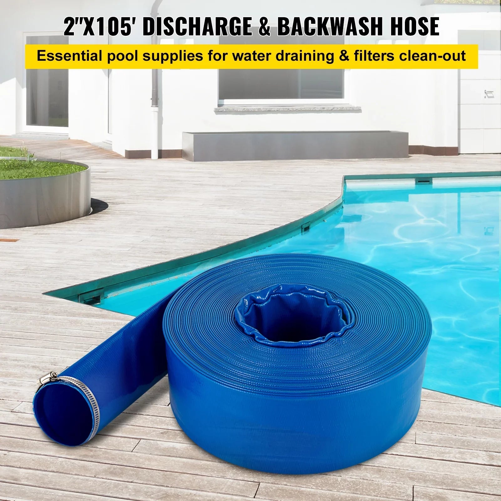 Discharge Hose, 2" x 105',  Fabric Lay Flat Hose, Heavy Duty Backwash Drain Hose with Clamps, Weather-proof & Burst-proof, Ideal for Swimming Pool & Water Transfer, Blue