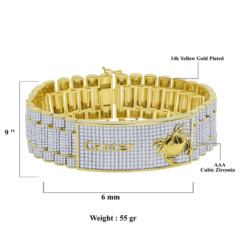 Mens Zodiac Sign Astrology Horoscope Cancer Crab 14K Gold Finish Simulated Diamond Bracelet 8.5''