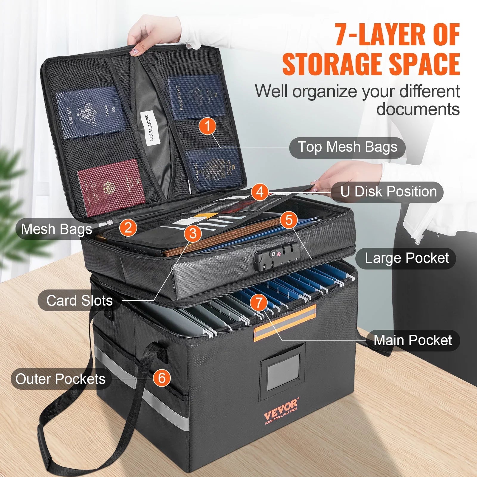 Fireproof Document Box with Lock File Document Organizer 2000℉ Fireproof & Waterproof Document Bag 2 Layer Portable File Box with Handle