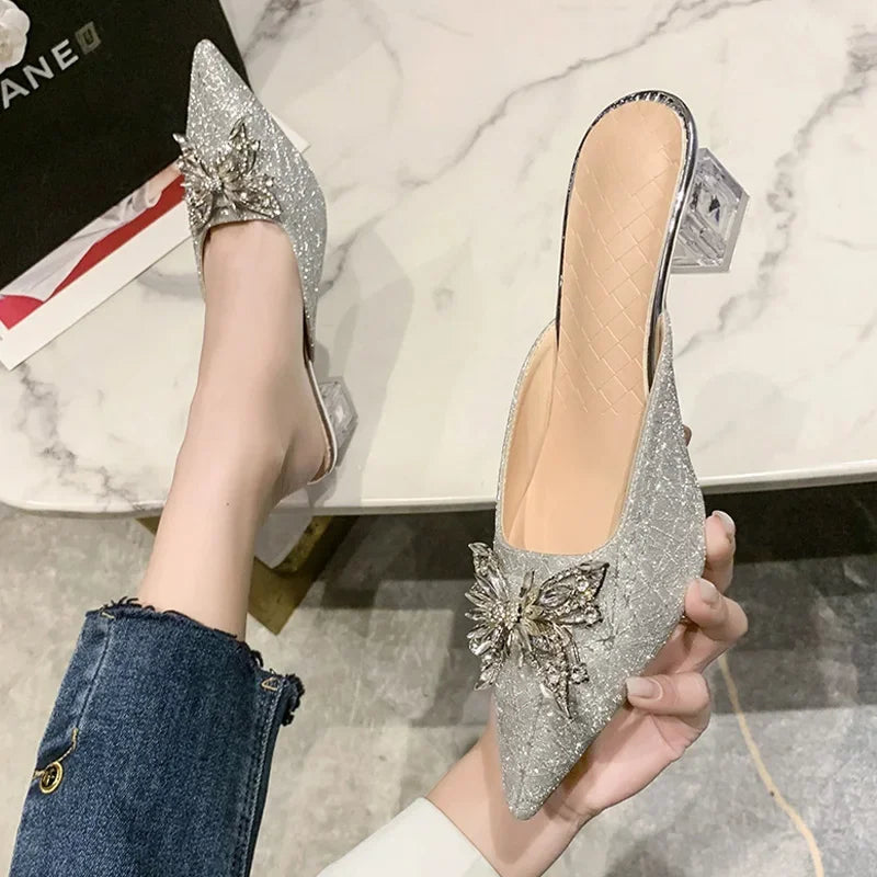 Crystal Luxury  High Heels Women Mules Shoes Sexy Pointed Toe Sandals 2024 Summer Designer Dress Flip Flops Pumps Slides