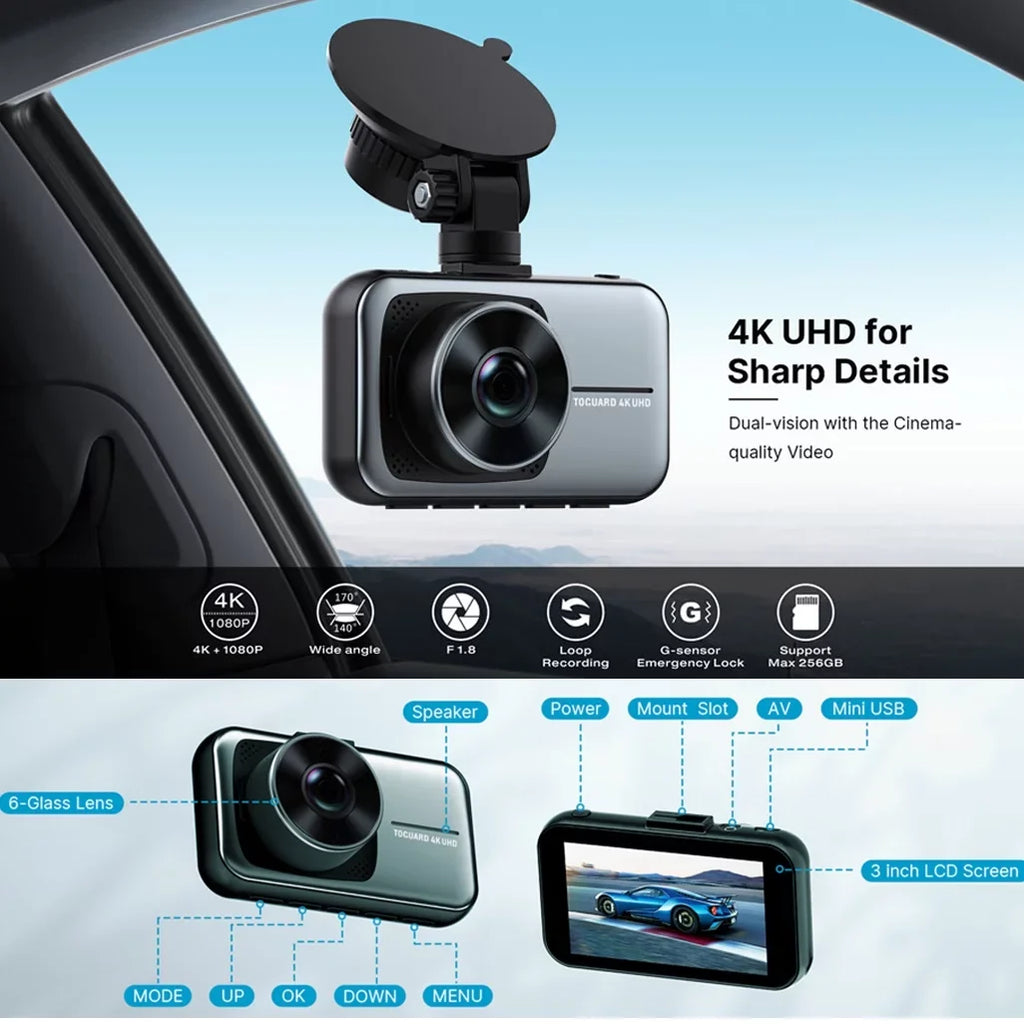 Toguard 4K Dash Cam Front and Rear Dual Dash Camera 3-inch   Car Camera with Parking Monitor, Loop Recording, -Sensor Function, Motion Detection, Built-in Battery