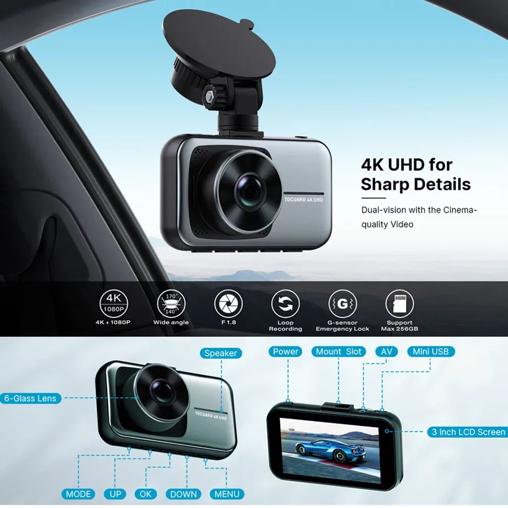 Toguard 4K Dash Cam Front and Rear Dual Dash Camera 3-inch   Car Camera with Parking Monitor, Loop Recording, -Sensor Function, Motion Detection, Built-in Battery
