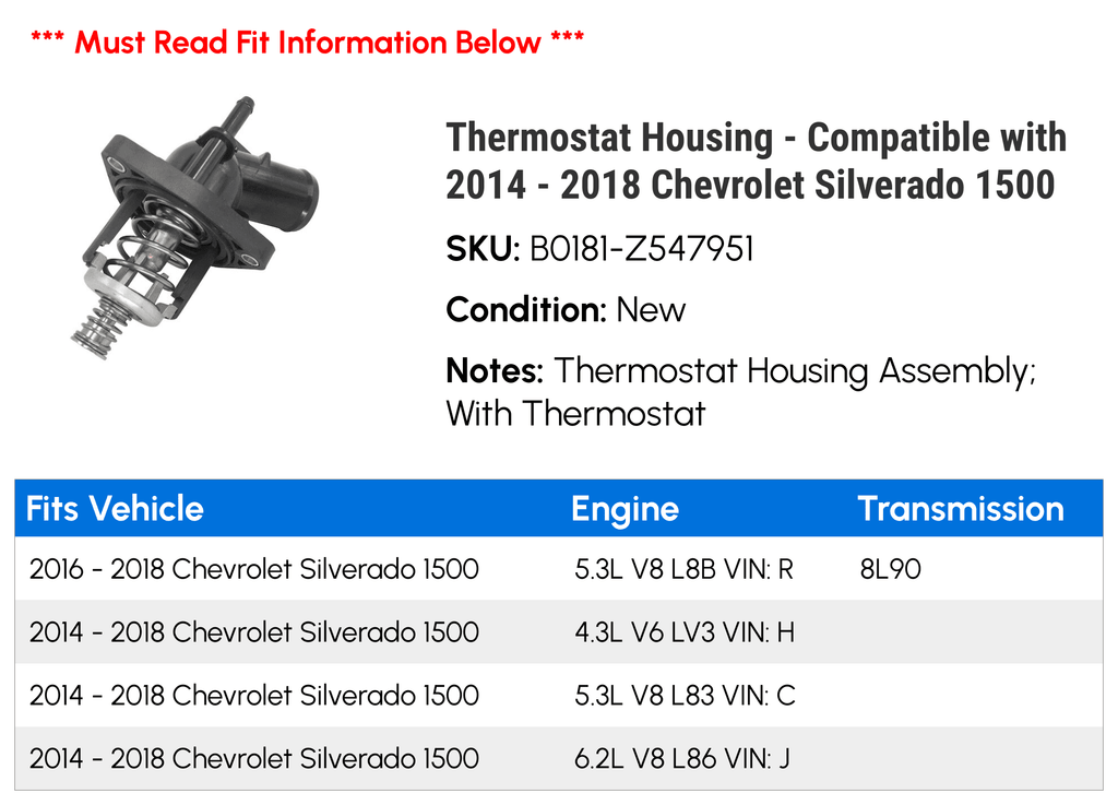 Thermostat Housing - Compatible with 2014 - 2018 Chevy Silverado 1500 2015 2016 2017