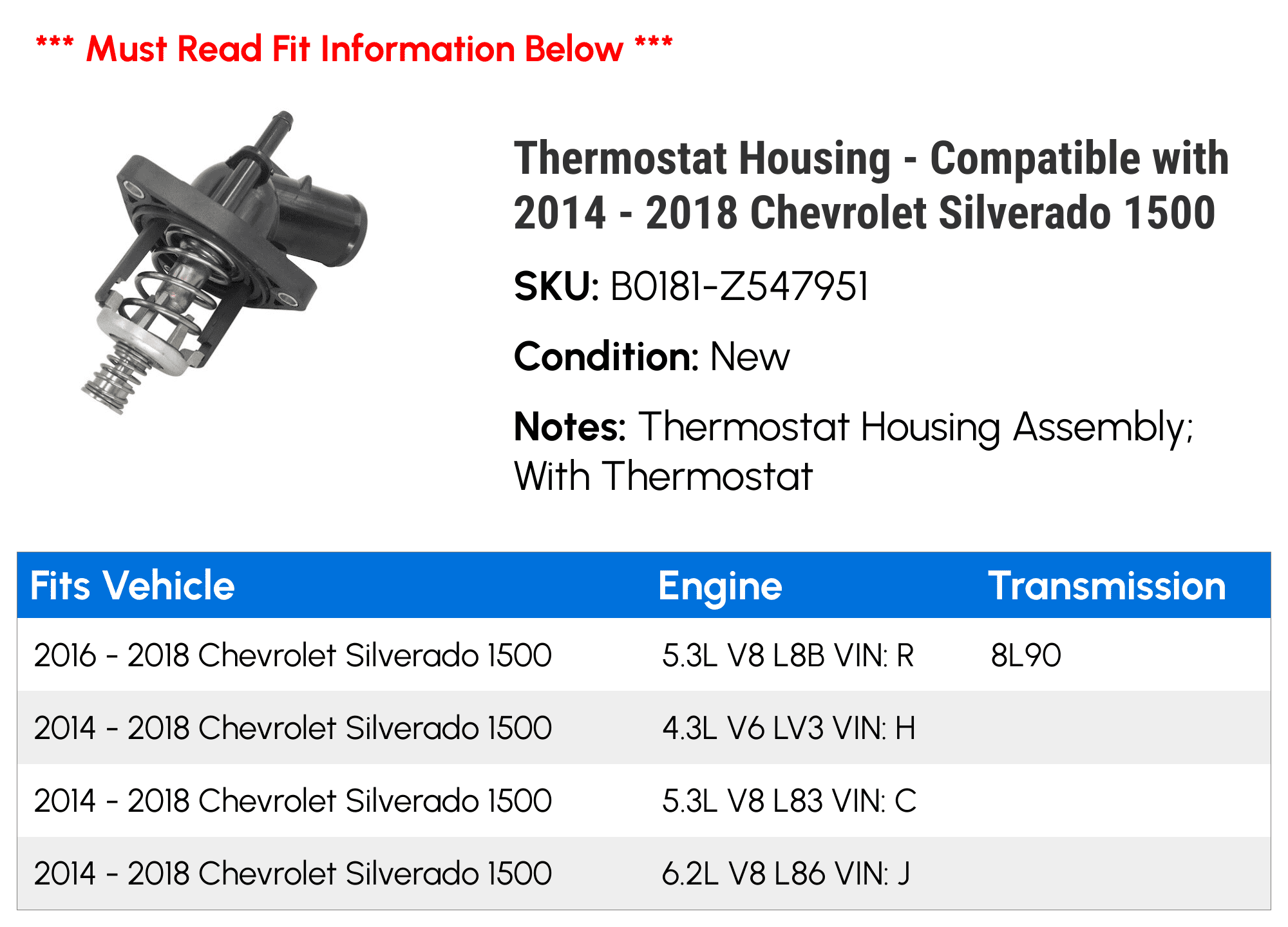 Thermostat Housing - Compatible with 2014 - 2018 Chevy Silverado 1500 2015 2016 2017