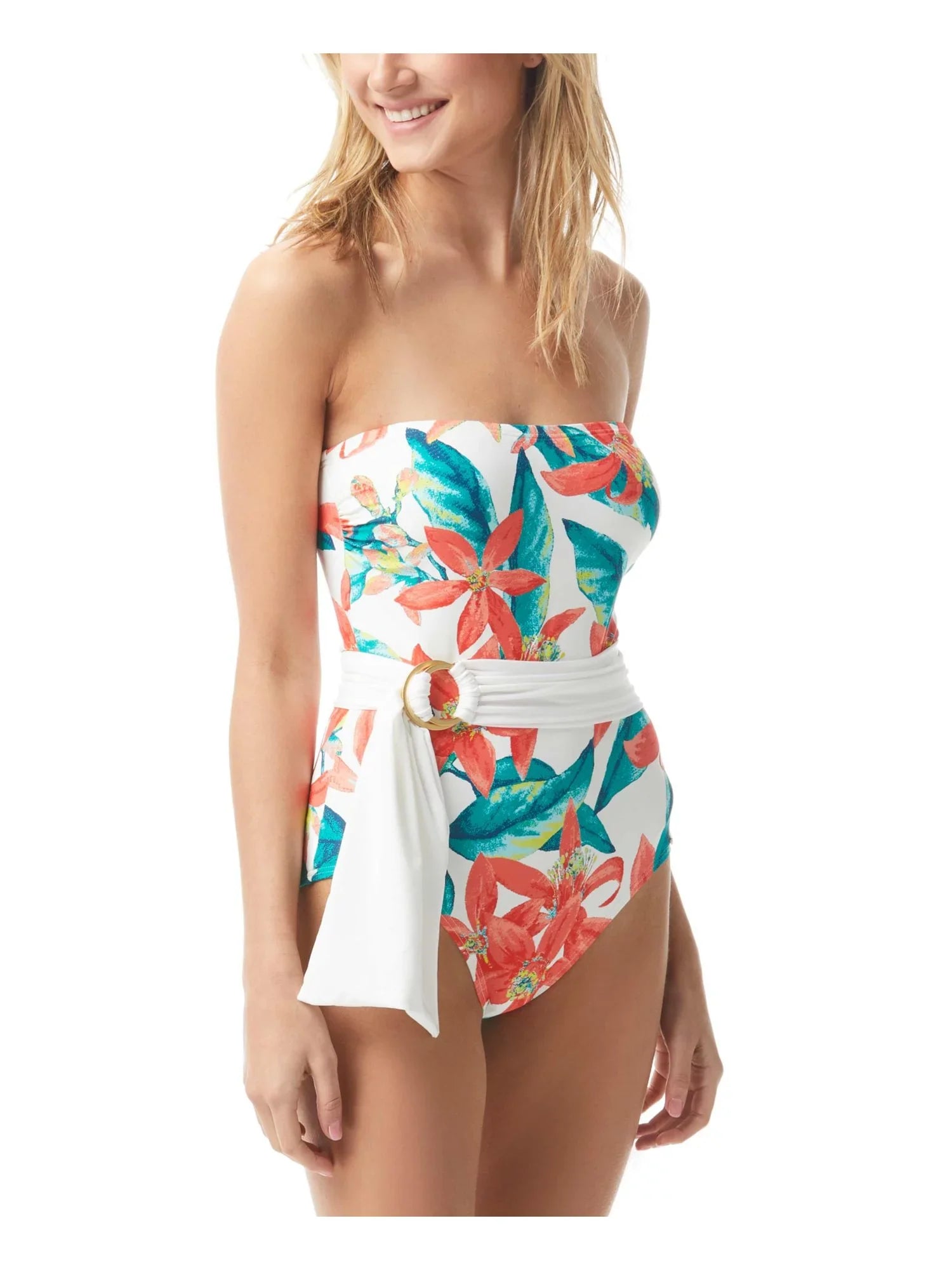 Women's White Printed Stretch Adjustable Belt Lined Moderate Coverage Convertible Bandeau One Piece Swimsuit 6