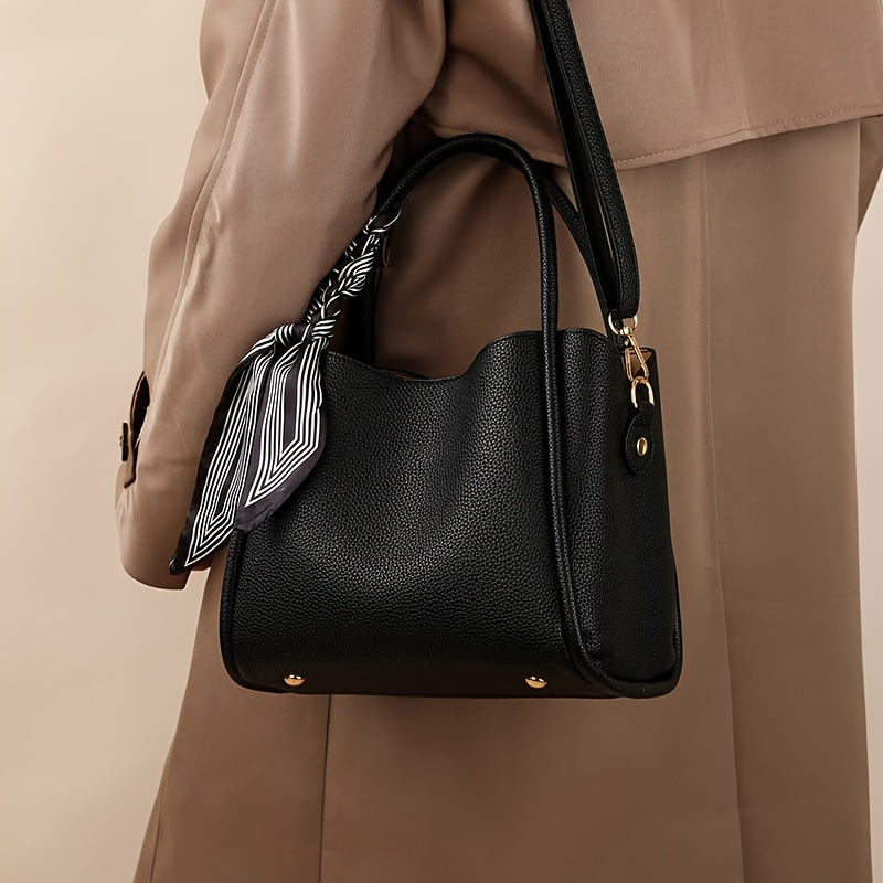 moocr Handbag With Scarf Accent   Leather  Elegant Shoulder Bag With Dual Handles For Daily Use  Luxury Solid Color Crossbody Purse