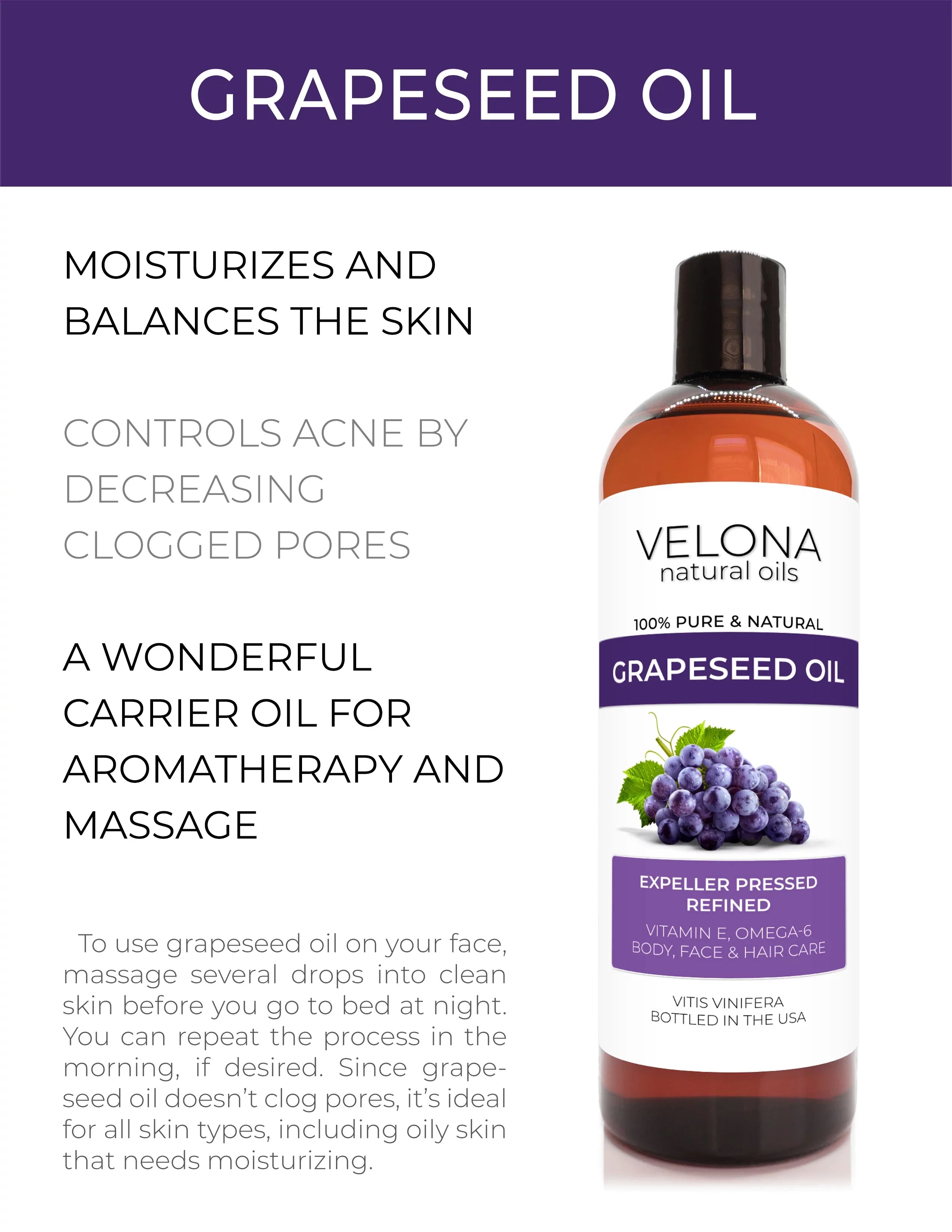 Velona Grapeseed Oil - 24 oz | 100% Pure and Natural Carrier Oil | Refined, Cold pressed | Cooking, Skin, Face, Body, Hair Care