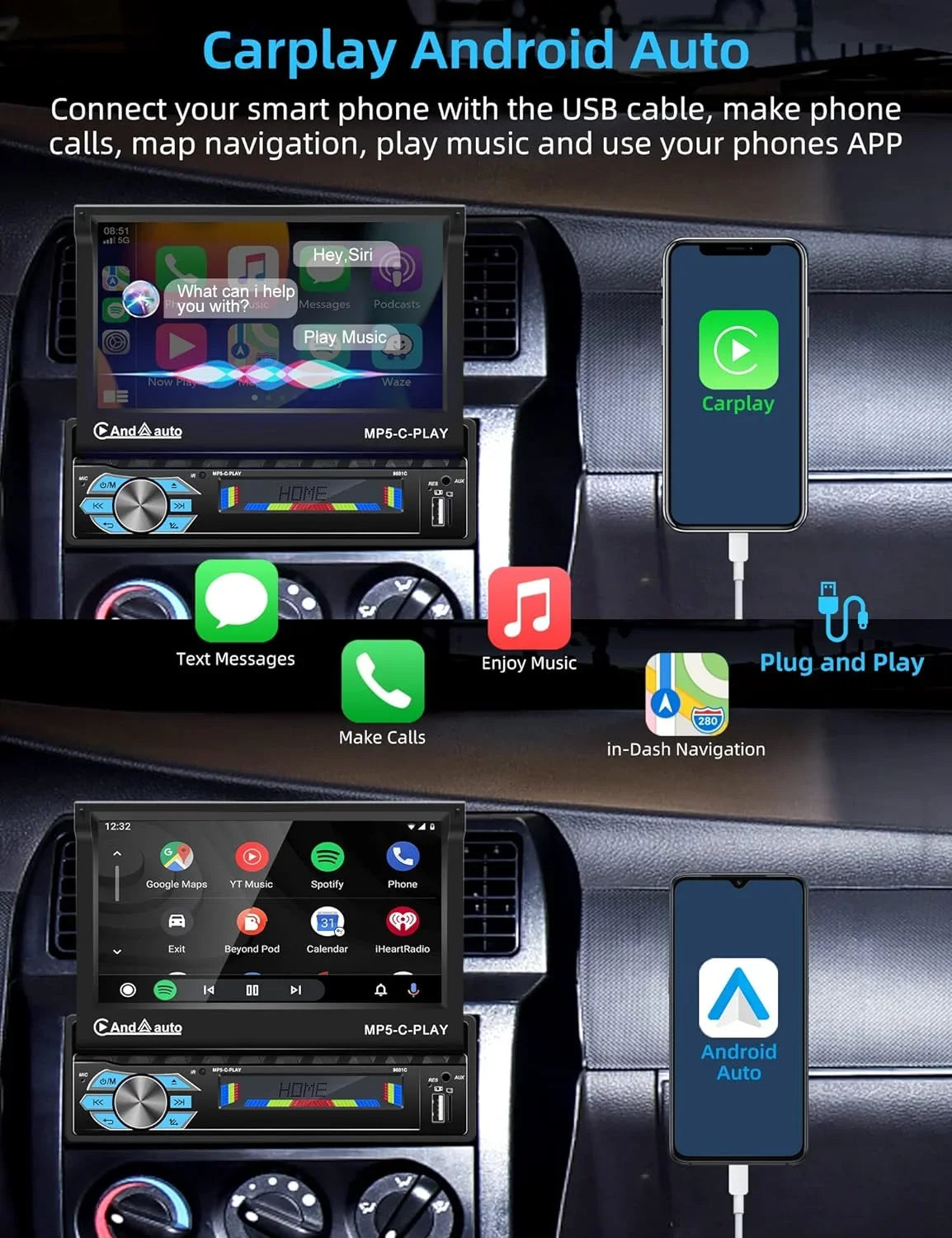 Carplay Car Stereo with Android Auto Bluetooth,7 Inch Flip Out Touchscreen Car Radio,Car Audio Receivers Support Phone Mirror Link,with  Radio/Backup Camera/  -in Port
