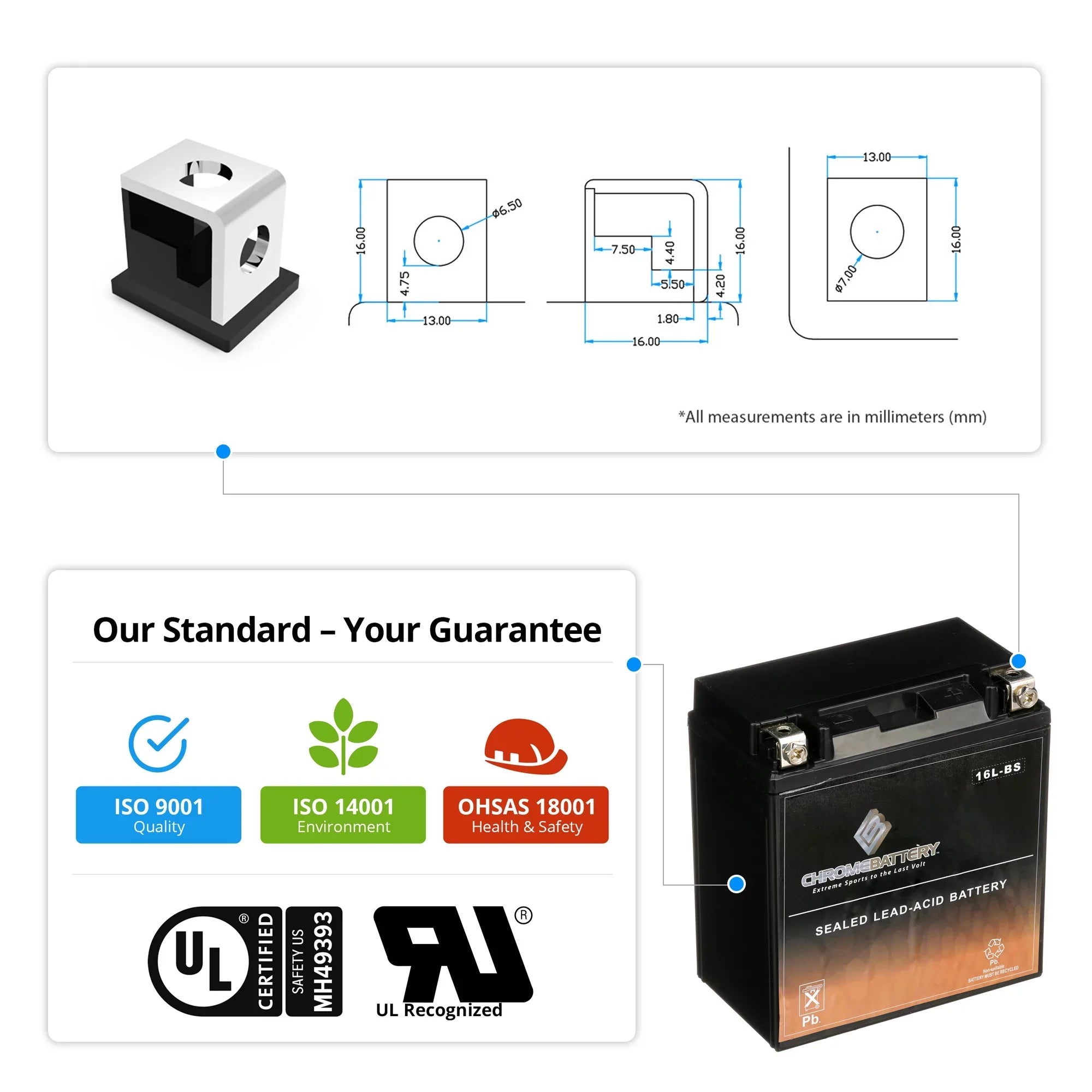 Chrome Battery Ytx16l-bs (16l-bs 12 Volts,14 Ah, 230 Cca) Jet Ski Battery for Kawasaki Js650 Sx 1988