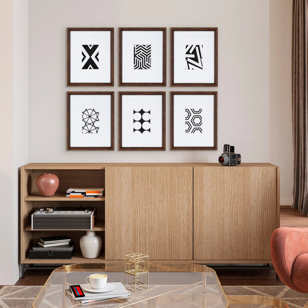Kate and Laurel Calder Modern Framed Abstract Art Prints, Set of 6, Walnut Brown, Mid-Century Wall Decor for Display
