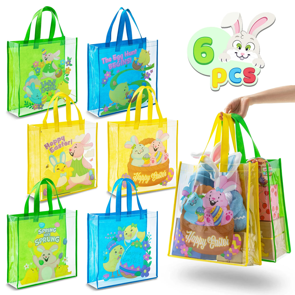 Syncfun 6 Pcs Easter Gift Bags for Kids, Large Goodie Reusable Tote Treat Bags with Handles for Easter Egg Hunt, Easter Party Favors Supplies
